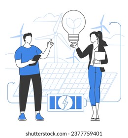Alternative source of electricity flat design vector concept. Solar energy and wind power, renewable sources.