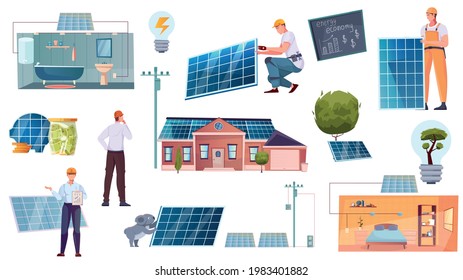 Alternative source of electricity flat set of solar panels and people working on solar cells installation isolated vector illustration