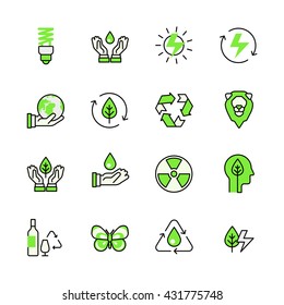 Alternative Source Energy Green Planet Nature Circulation Recycling Lineart Flat Vector Icon Set. Web Site Interface Elements Color Line Art Mobile App Aplication Objects. Line-art Icons Collection.