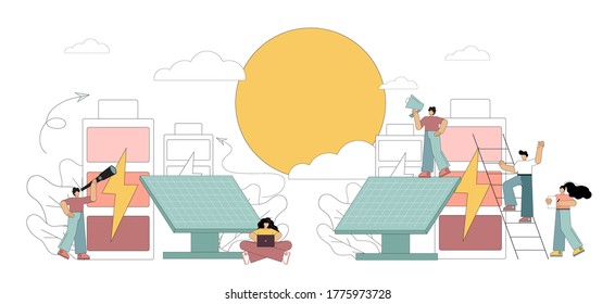 Fuente de energía alternativa. Paneles solares. Las personas planas regulan, analizan, utilizan energías renovables alternativas. Ilustración vectorial en un fondo blanco.