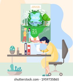 Alternative sources of energy. Girl works with production of green electricity. Creation of eco friendly energy. Online lecture about saving planet concept poster. Woman develop lecture about nature
