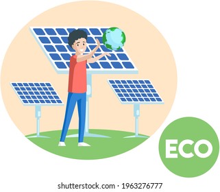 Alternative sources of energy. Production of green electricity without harm to environment. Creation of environmentally friendly energy. Boy standing with globe in his hands near solar panels