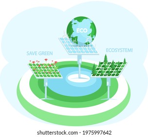 Alternative sources of energy. Production of green electricity without harm to environment. Creation of eco friendly energy. Save ecosystem concept. Solar panel with different coniferous flowers