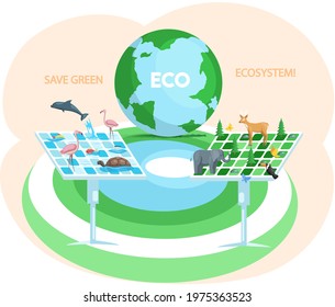 Alternative sources of energy, solar panels. Production of green electricity. Creation of eco friendly energy. Biodiversity, conservation and environmental protection. Save ecosystem concept