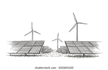 Alternative sources of energy (wind, solar) hand drawn sketch. Vector.