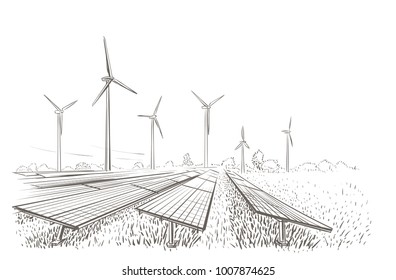 Alternative Sources Of Energy(wind, Solar) Hand Drawn Sketch. Vector.