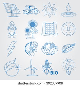 Alternative sources of power and eco Mining technology. Set logos in cartoon style. Outline drawing.