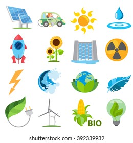 Alternative sources of power and eco Mining technology. Set logos in cartoon style.