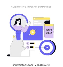 Alternative Summaries Concept. Visual representation of diverse summary formats highlighting soft skills and multimedia elements. Vector illustration.