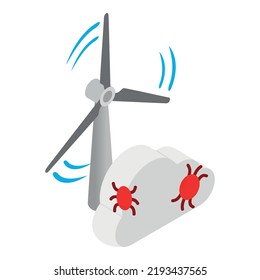 Alternative technology icon isometric vector. Cloud with software bug, windmill. Ecological infrastructure, wind power, modern eco friendly technology, digital safety