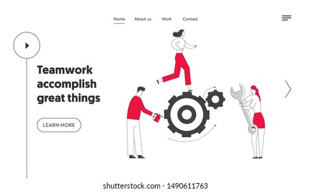 Alternative Thinking, Team Working Process Website Landing Page. Tiny Business People Generating Ideas Set in Motion Huge Cogwheels Gears Mechanism Web Page Banner. Cartoon Flat Vector Illustration