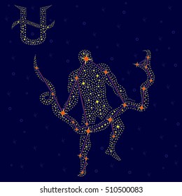 Alternative thirteenth Zodiac sign Ophiuchus on a background of the starry sky with the scheme of stars in the constellation, vector illustration