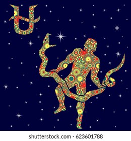 Alternative thirteenth Zodiac sign Ophiuchus with colorful flowers fill in warm hues on a background of the blue starry sky, vector illustration