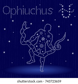 Alternative thirteenth Zodiac sign Ophiuchus on a blue starry sky, hand drawn vector illustration in winter motif with stylized stars and snowflakes over seamless background