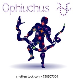 Alternative thirteenth Zodiac sign Ophiuchus, hand drawn vector stencil with stylized stars isolated on the white background