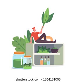 Concepto Alternativo De Medicina Tradicional. Pequeño personaje masculino con hojas verdes sentado en una enorme plataforma con varias frascas y botellas con ingredientes naturales para la reparación. Ilustración del vector de dibujos animados