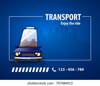 Alternative transportation: Blue car on city background. Vector image