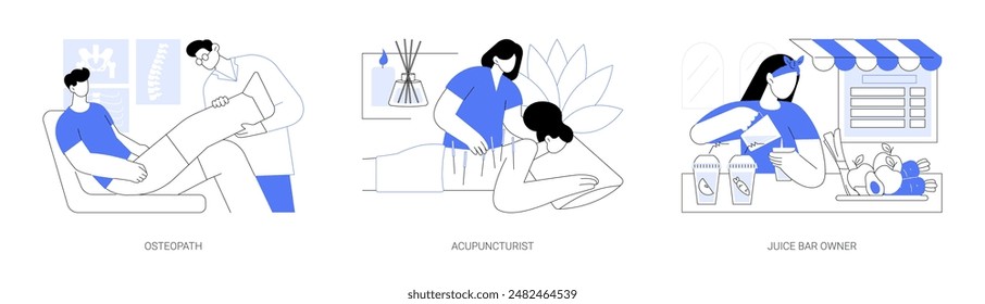 Alternative treatment isolated cartoon vector illustrations set. Osteopath examines patient, acupuncture procedure, acupuncturist, recovery and rehabilitation, fresh juice bar owner vector cartoon.