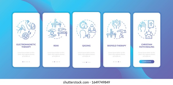 Alternative treatment techniques onboarding mobile app page screen with concepts. External energy medicine walkthrough five steps graphic instructions. UI vector template with RGB color illustrations
