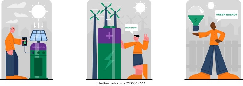 Alternative use of natural energy. Using solar panels, windmills, and energy saving lamps in home. Cartoon flat style vector illustrations set on white background