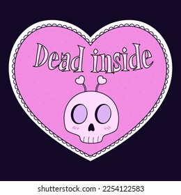 Alternative Valentine card. Creepy clipart. Spooky love. Kawaii pastel goth style. Dead inside. Lovely skull.