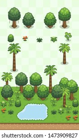 Alternative version of tree, bushes, and small vegetation set for tropical rainforest scene on oblique projection. Images are designed to align into square grid for easy game tile-mapping.