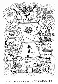 An alternative way to brew coffee through a paper filter, pouver, funnel, dripper. Vector illustration, freehand doodle drawing with the image of coffee accessories, for the design of a cafe