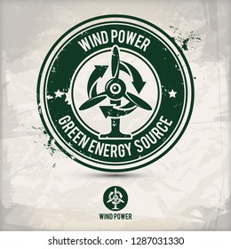 alternative wind power stamp containing: two environmentally sound eco motifs in circle frames, grunge ink rubber stamp effect, textured paper background, eps10 vector illustration