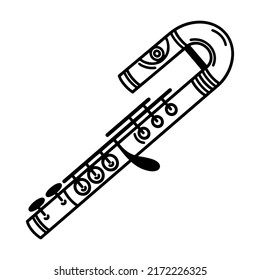 Alto flute vector icon. Hand drawn metal musical instrument. Modern orchestral flute isolated on white background. Equipment for classical melodies, concerts. Outline for web, apps, logo 