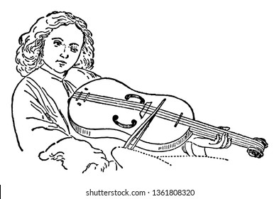 Alto Guitar Fiddle where a man playing a typical alto guitar fiddle in the 15th century, vintage line drawing or engraving illustration.