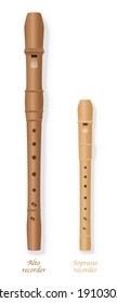 Alto recorder and soprano recorder by comparison with different size, design and wooden texture. Isolated vector illustration on white background.
