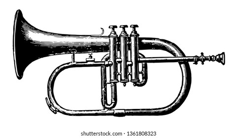 Alto Saxhorn a valved brass wind instruments that resemble the bugle and have a full even tone and wide compass, vintage line drawing or engraving illustration.