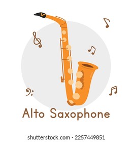 Alto saxophone clipart cartoon style. Simple cute golden saxophone brass musical instrument flat vector illustration. Brass instruments hand drawn doodle style. Wind instrument saxophone vector design