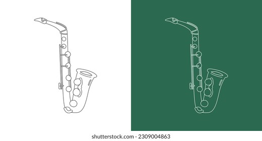 Alto saxophone line drawing cartoon style. Brass instrument alto saxophone clipart drawing in linear style isolated on white and chalkboard background. Musical wind instrument clipart concept vector