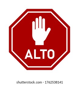 Alto ("Stop" in Spanish) Octagonal Sign with Hand Icon. Vector Image.