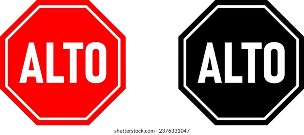 Alto ("Stop" in Spanish) Warning Sign with an Octagonal Shape Icon Set. Vector Image.