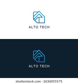 O logotipo da Alto Tech apresenta um design geométrico moderno e limpo formado por linhas interconectadas criando um símbolo estilizado de seta "A" e seta para cima. 