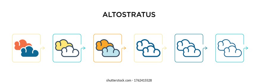 Icono vectorial Altostratus en 6 estilos modernos diferentes. Iconos de altostratus de color negro, diseñados en el estilo de trazo relleno y contorno. La ilustración vectorial se puede usar para web, móvil, ui.