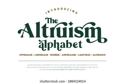 Altruism: Classic lettering minimal fashion design. Elegant typography alphabet a to z and number. Uppercase, lowercase, ligatures, alternative variation, and number. 