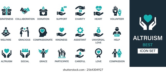 Altruism icon set collection. Greatness, collaboration, donation, support, charity, volunteer, welfare, gracious, kindness, assistant, help and best solid icon set.