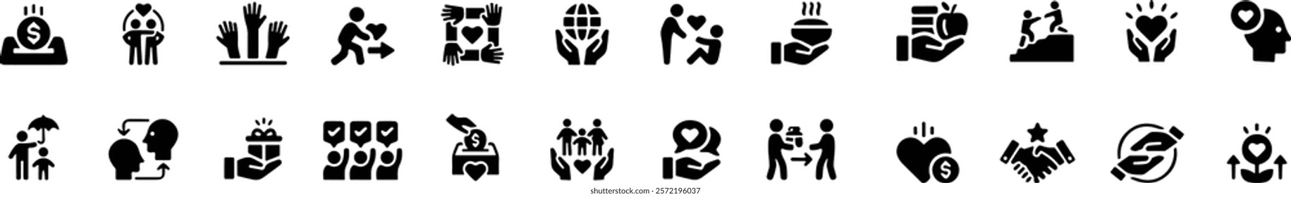 Altruism icon set. Containing charity, help, selfless, goodwill, caring, generosity, kindness, empathy, benevolence. Vector illustration