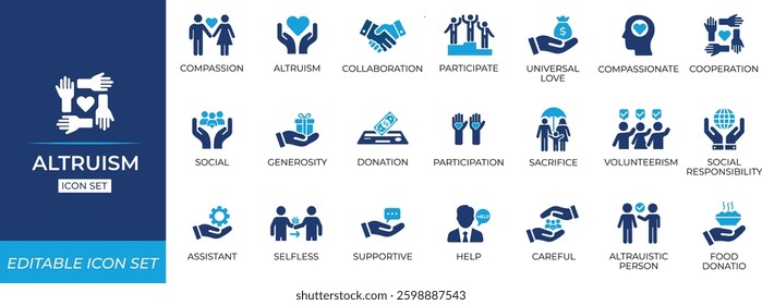 Altruism icon set. Solid editable vector icons collection.