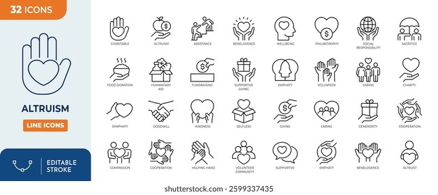 Altruism line editable icon set. Containing charity, help, empathy, goodwill, caring, generosity, kindness, benevolence and more. Vector illustration