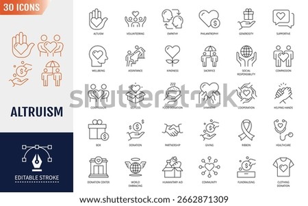 Altruism Line Editable Icons set. Containing party, concert, outdoor recreation, and more. Vector illustration