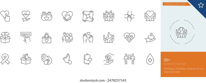 Altruism Line Icon Set" ist eine Kollektion von einfachen, schwarzen Linien, die verschiedene altruistische Handlungen und Konzepte darstellen.