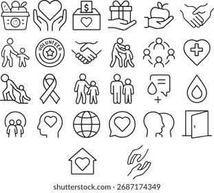 Conjunto de iconos de línea de altruismo Iconos vectoriales de bondad, voluntariado, donación, Asistencia, empatía, caridad y cuidado social