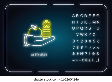 Altruism neon light icon. Outer glowing effect. Sign with alphabet, numbers and symbols. Selfless giving and sharing, virtue. Financial support, friendly aid. Vector isolated RGB color illustration