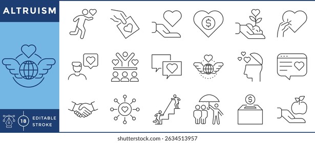 Altruism related 18 line icons set. Vector editable stroke.