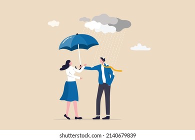 Altruism Selfless Principle For Leadership To Protect Team And Success Together, Gentleman Or Team Support And Caring, Respect Or Empathy Concept, Kindness Businessman Offer Umbrella To Protect Woman.