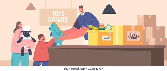 Altruistic Help to Kids, Charity, Caring and Philanthropy Concept. Volunteer Character Giving Toys to Children. Donation of Goods for Poor or Orphans. Cartoon People Vector Illustration